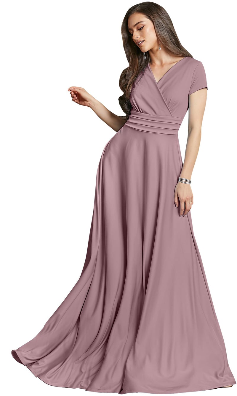 KOH KOH Womenâ€™s Long Cap Short Sleeve Flowy Cocktail Semi Formal Prom Gala Black Tie Bridesmaid Wedding Guest Work Dressy Tall Gown Gowns Maxi Dress Dresses, Dusty Pink L 12-14 - Image 1